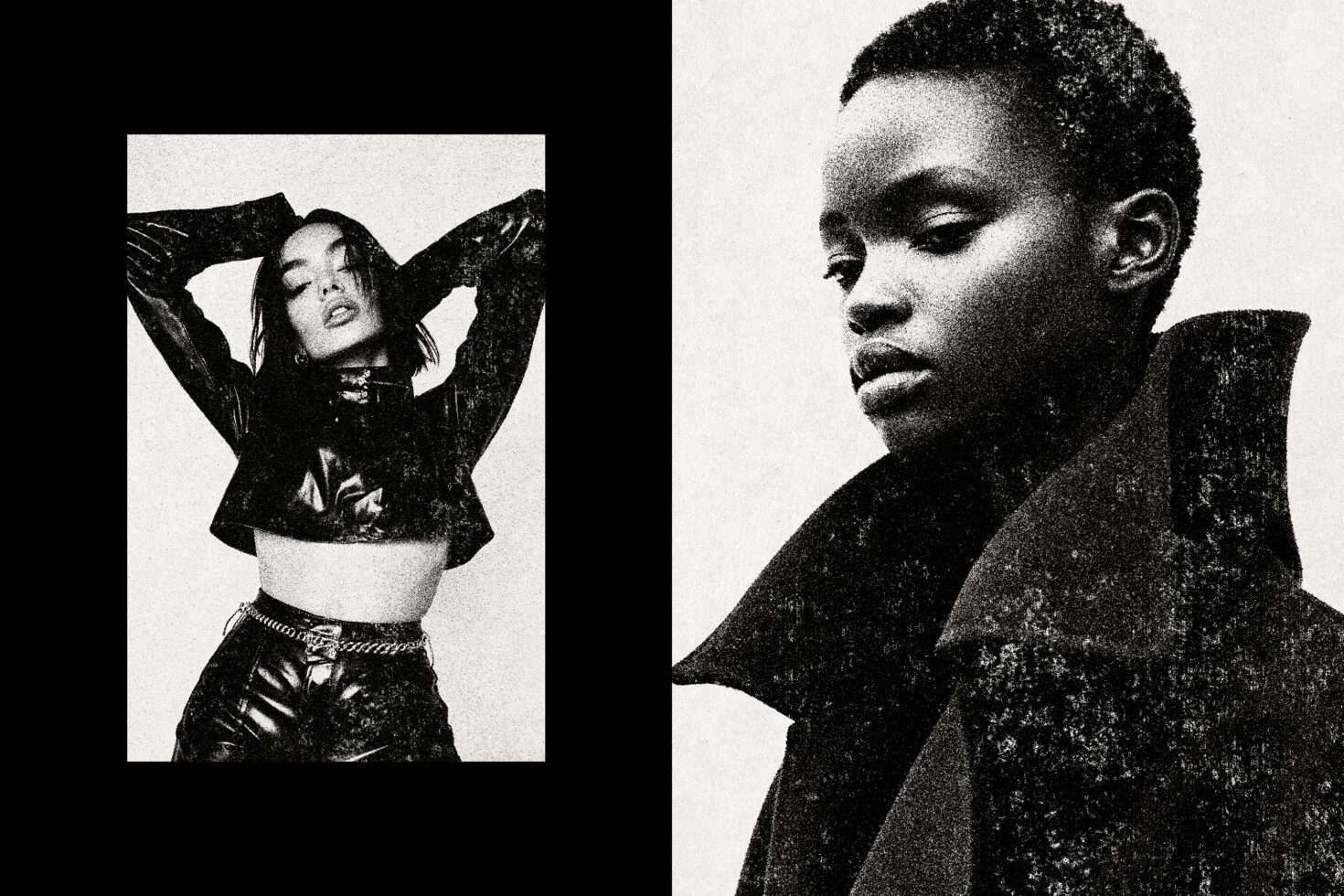 Black and white fashion photography featuring two models; textured high-contrast style ideal for graphic design templates and creative projects.