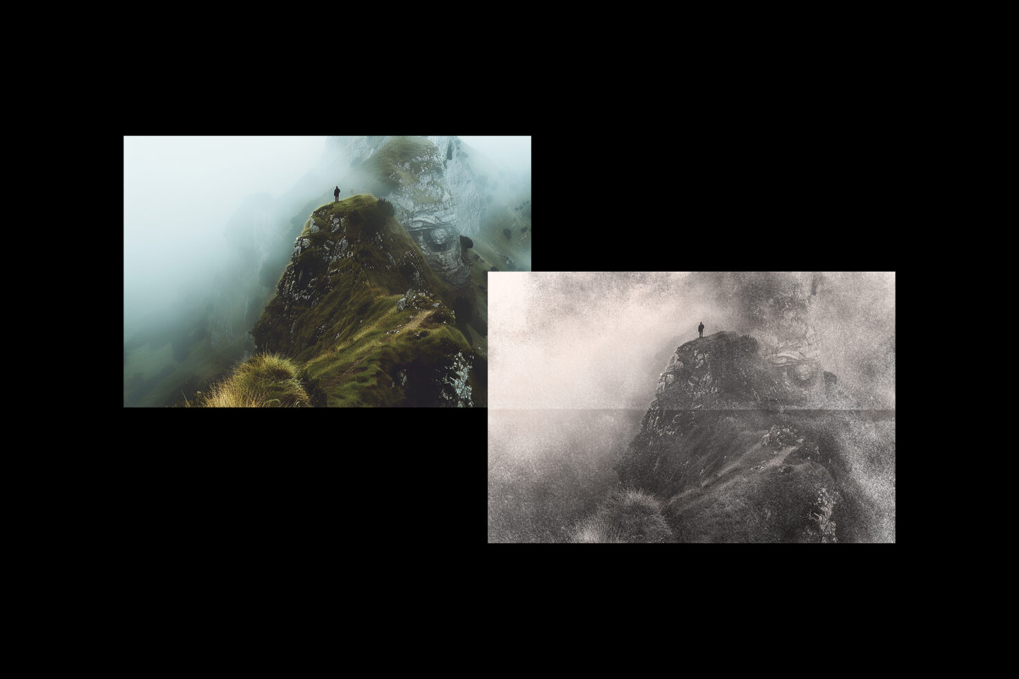 Dual landscape mockup featuring a person on a foggy mountain top. Includes color and black-and-white versions. Perfect for graphics and design showcases.