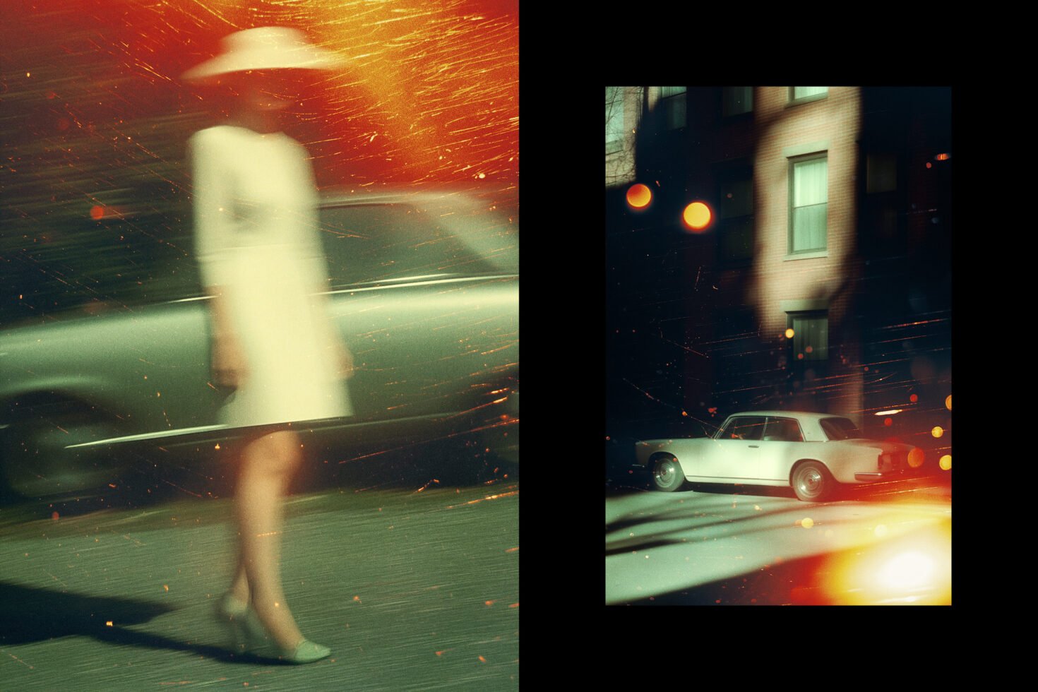 Blurred vintage aesthetic with woman in a dress and hat beside classic car. Light flares and motion create nostalgic and retro feel. Perfect for design projects.