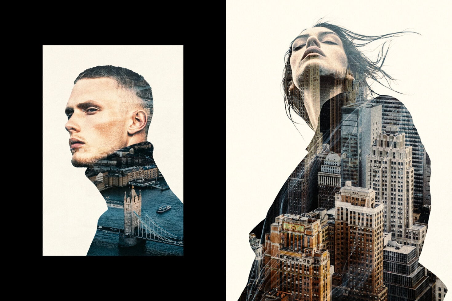 Two double exposure portraits, man with bridge, woman with tall buildings overlaid