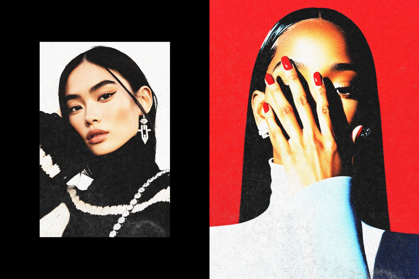 Fashion portrait duo for designers shows modern elegance vibrant red background ideal for graphics and templates high fashion digital asset design