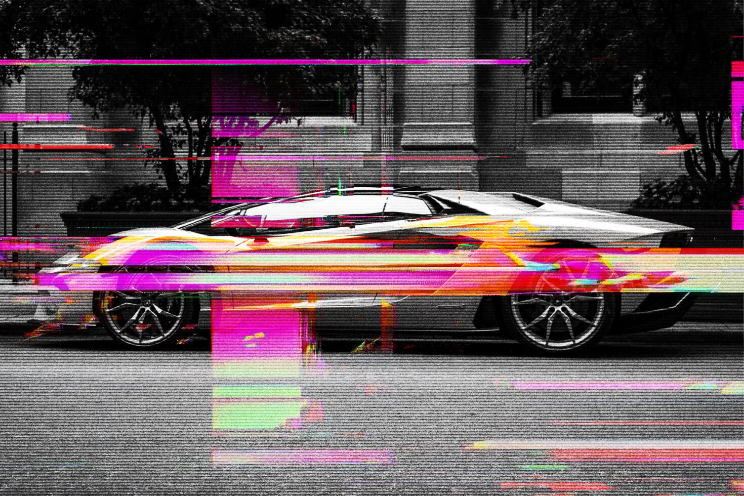 Sleek car with a futuristic design distorted by vibrant glitch effects. Ideal for digital graphics, templates, and visual design projects.