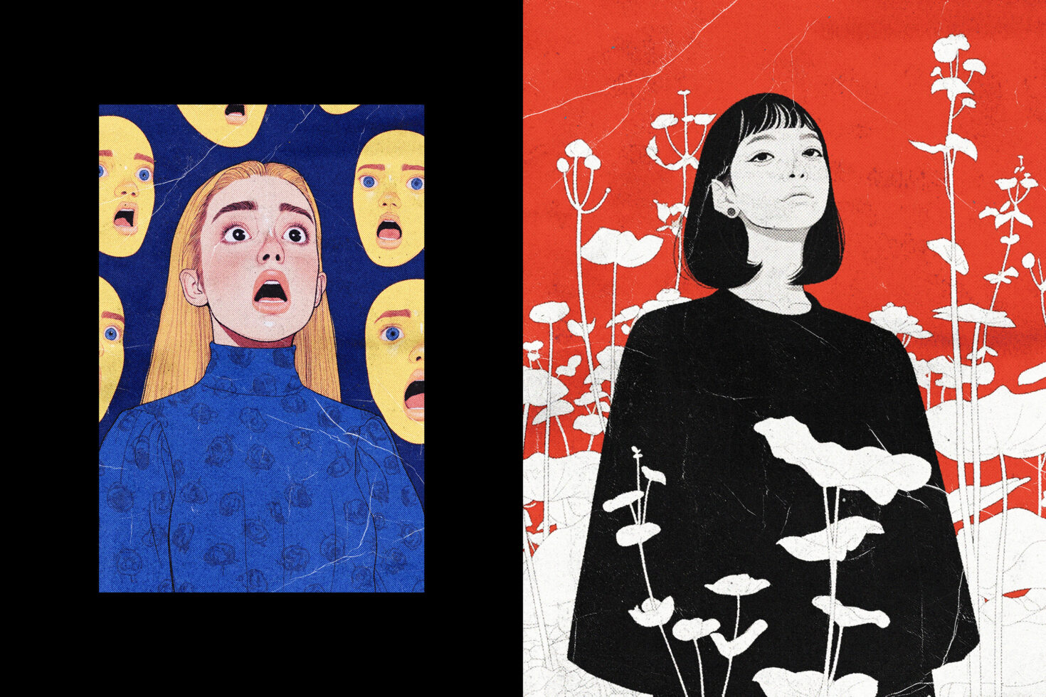 Vibrant digital illustration featuring expressive portraits, ideal for graphic design projects. Bold colors, artistic style, suitable for creative templates.