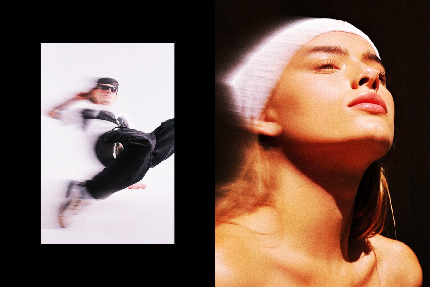 Split screen of person in motion blur on left with glowing close-up face on right