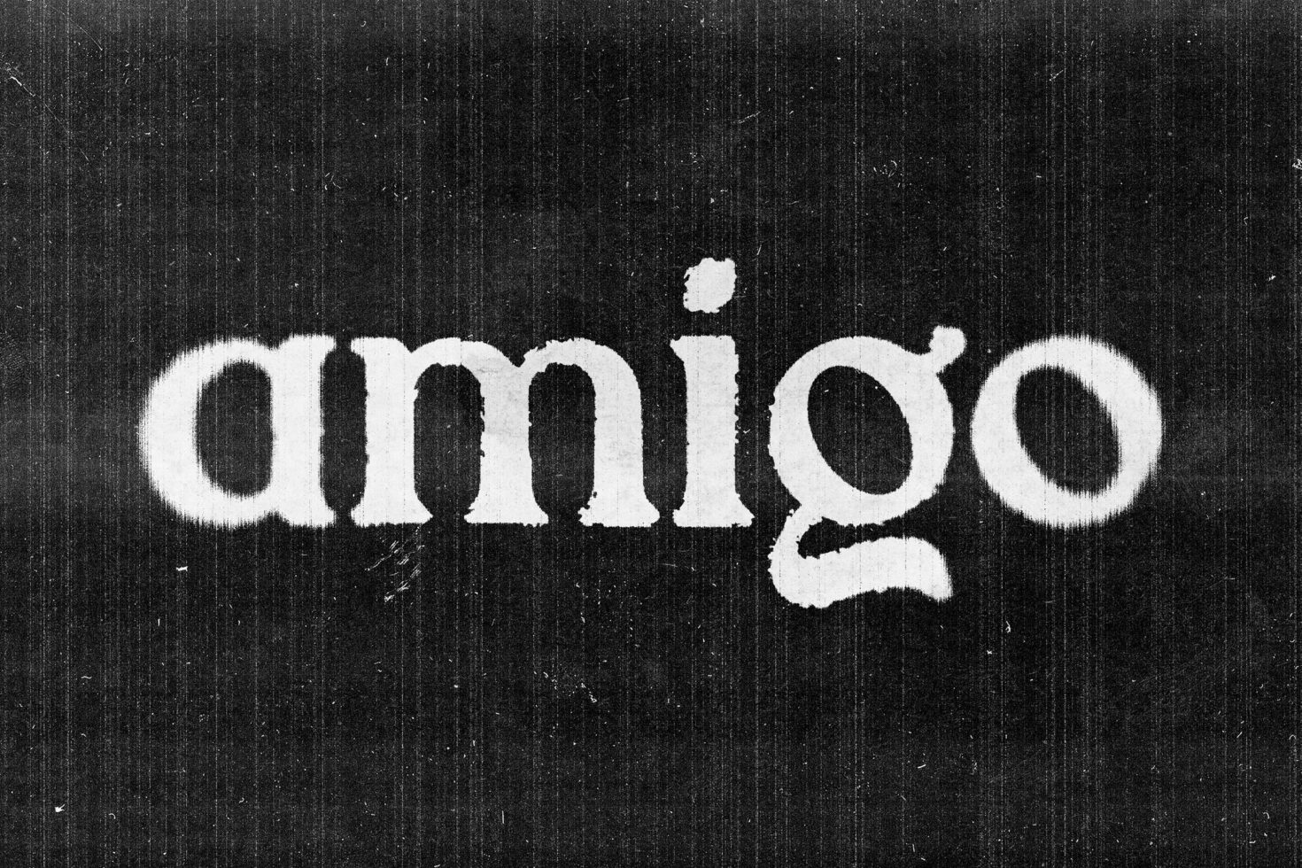 Vintage black and white distressed typography reading amigo design asset for graphic design mockups retro fonts textured artistic templates for designers.