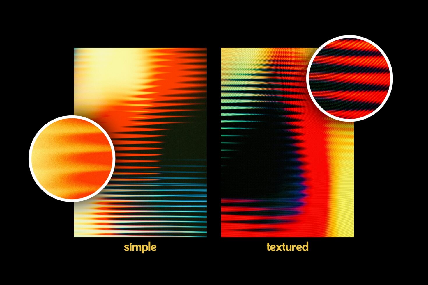 Colorful abstract texture comparison showcasing simple and textured patterns in vibrant red orange gradients, perfect for graphic design backgrounds.