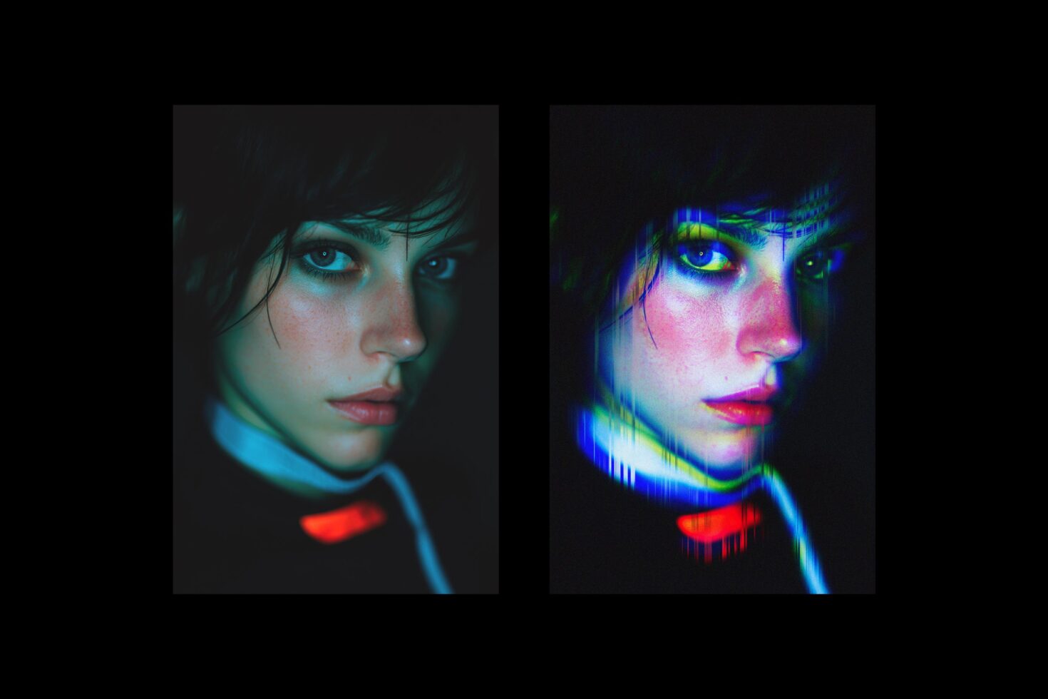 Two futuristic portraits showcase neon lighting and glitch effects, perfect for digital graphics projects. Ideal for designers seeking unique visual assets.