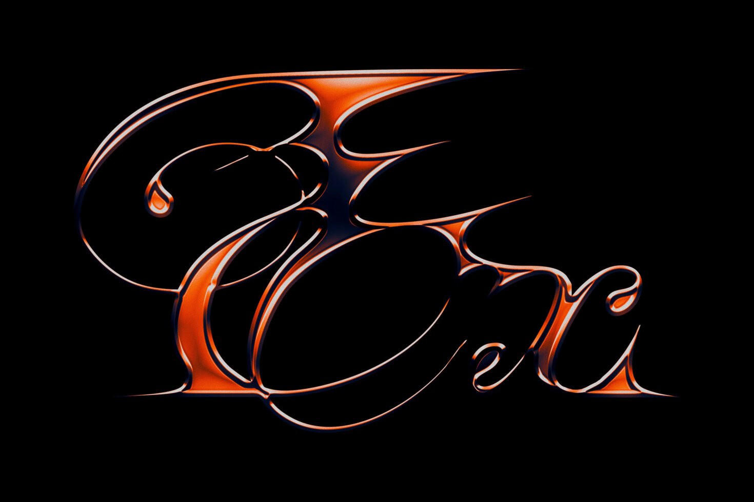 Abstract metallic lettering design with glossy orange and black curves on a dark background, ideal for graphic designers and typography projects.