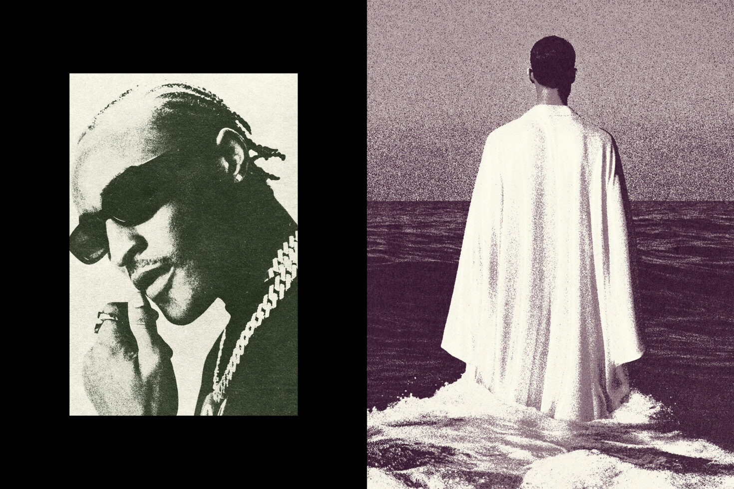 Vintage collage art featuring a man in sunglasses and another in a robe by the sea digital art design for creative projects graphic elements