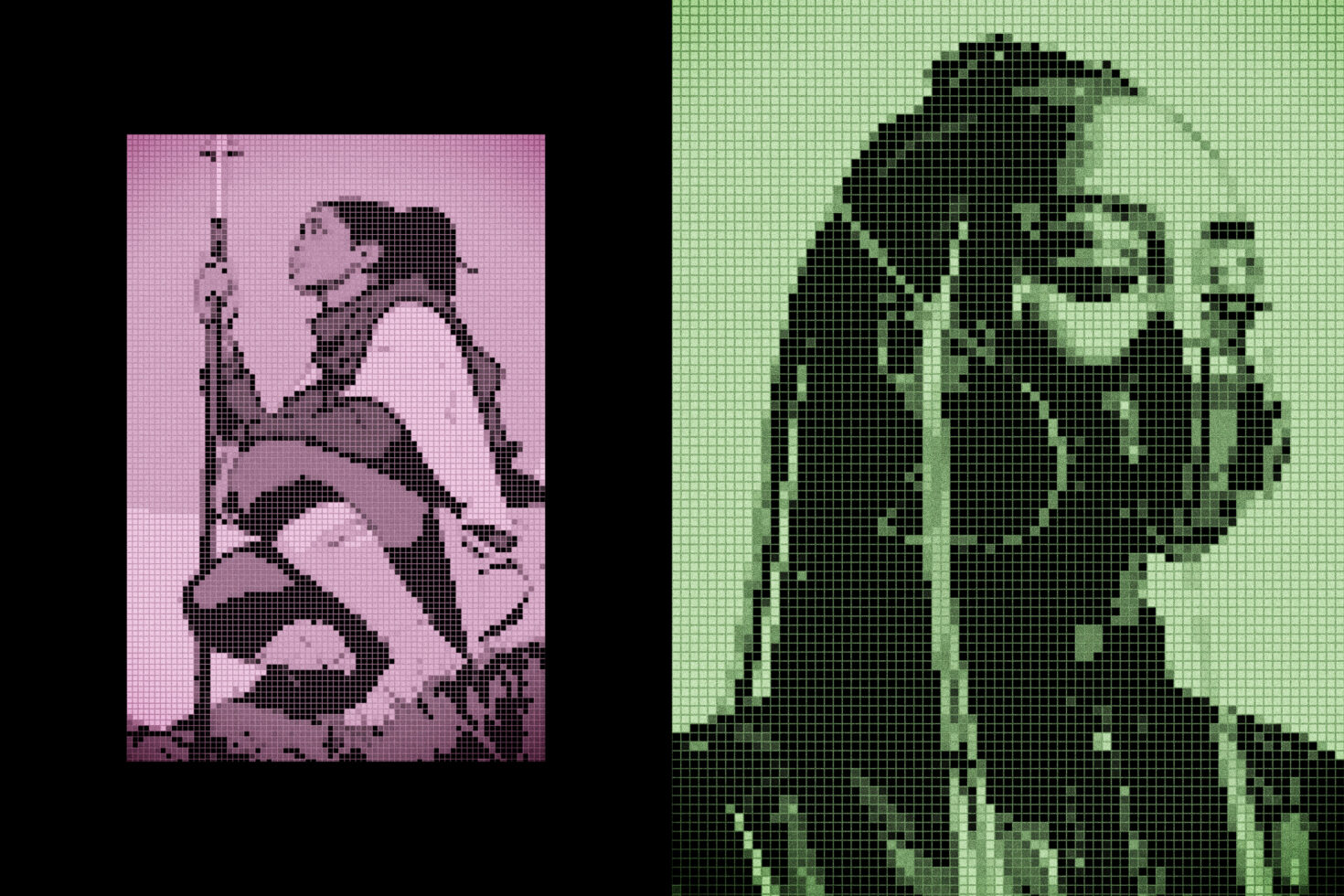 Pixel art diptych featuring two portraits one in pink tones and another in green tones highlighting futuristic and retro aesthetics for designers