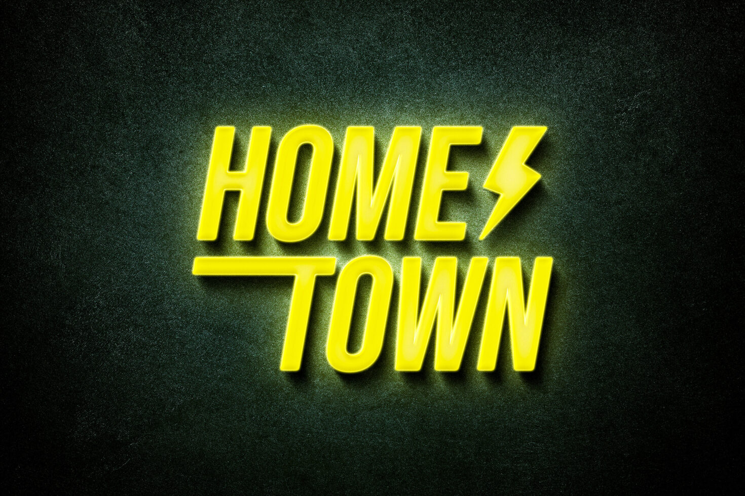 Bright neon text reading Hometown with a lightning bolt on a dark textured background ideal for graphic design font templates and creative mockups.