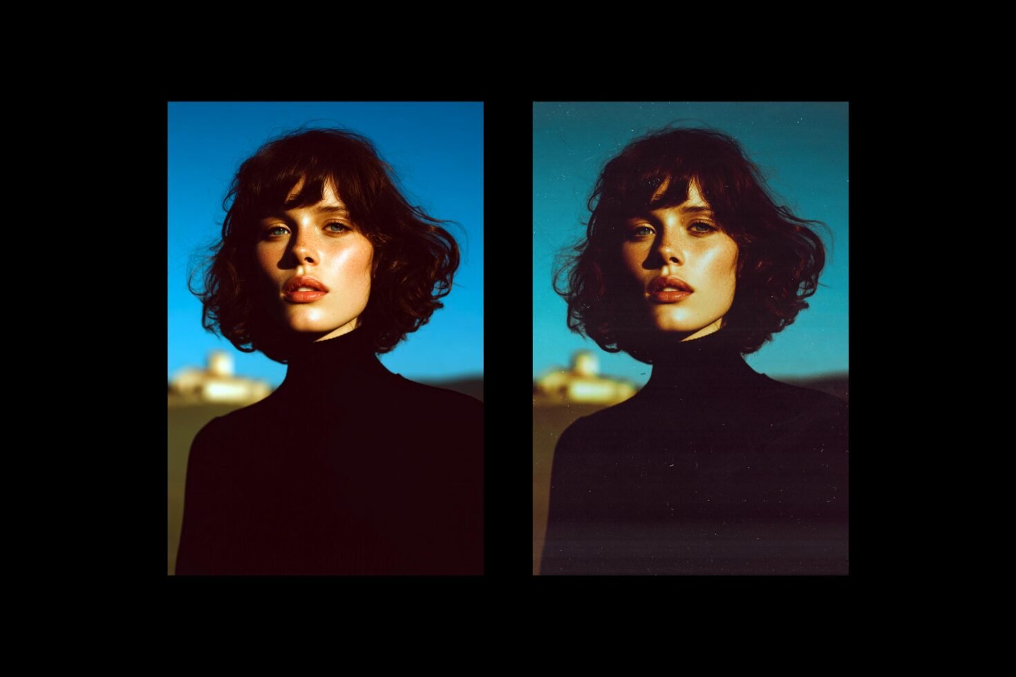 Side-by-side portrait photography showing a stylish woman with dark hair against blue sky. Ideal for graphic design, mockup, photo editing projects.