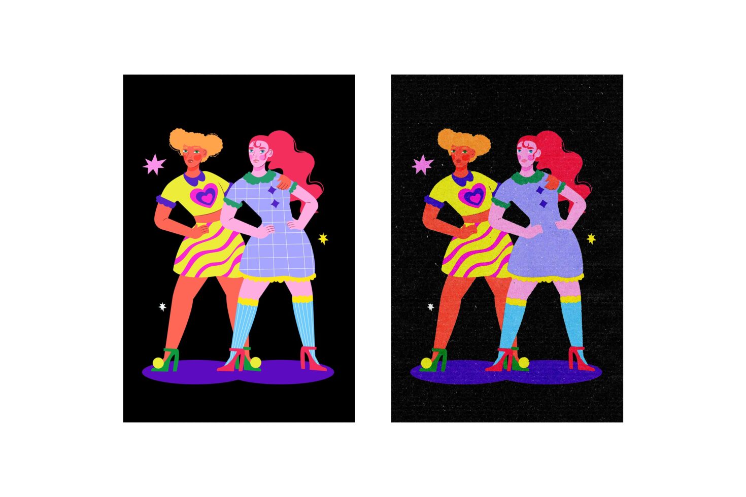Vibrant illustration of two stylized women in colorful outfits on contrasting backgrounds. Ideal for graphics, fashion concepts, bold design elements.