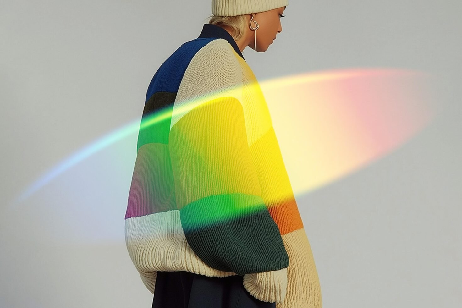 Profile of person in colorful knit sweater with beanie, rainbow light effect. Ideal for design mockups and fashion graphics. Stylish, vibrant aesthetic.