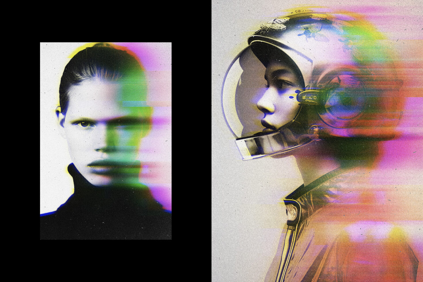 Digital artwork featuring a split image with glitch effects vibrant colors showing a futuristic helmet and a face. Perfect for graphics and design inspiration.