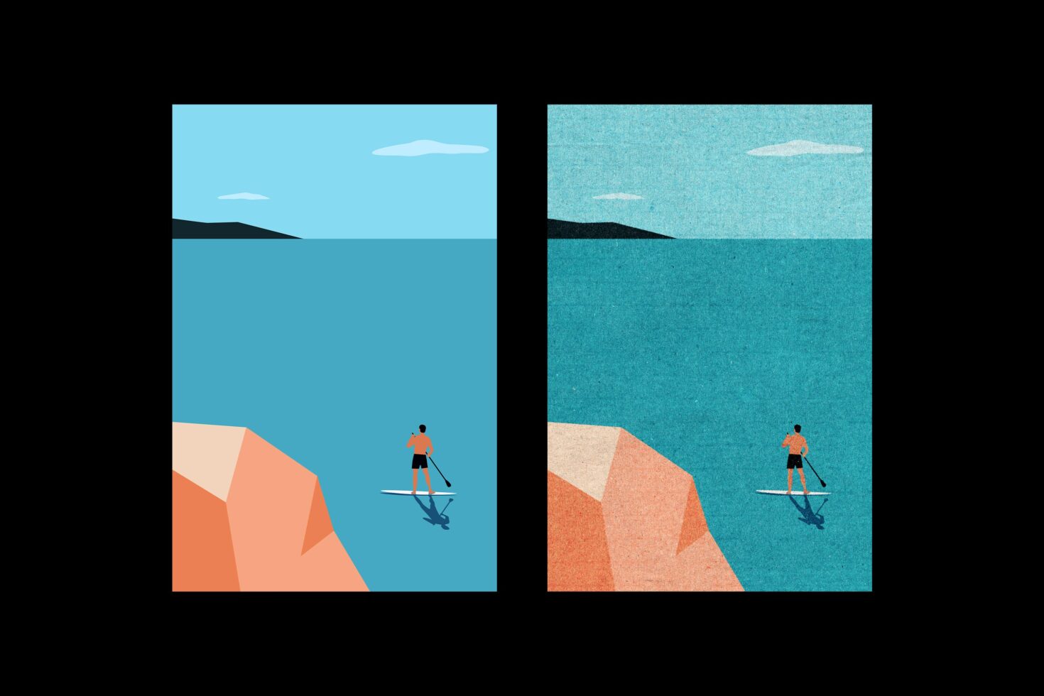 Illustration of paddleboarder on flat blue sea beside orange cliffs under blue sky. Vector art for graphic design, digital assets, designer resources.
