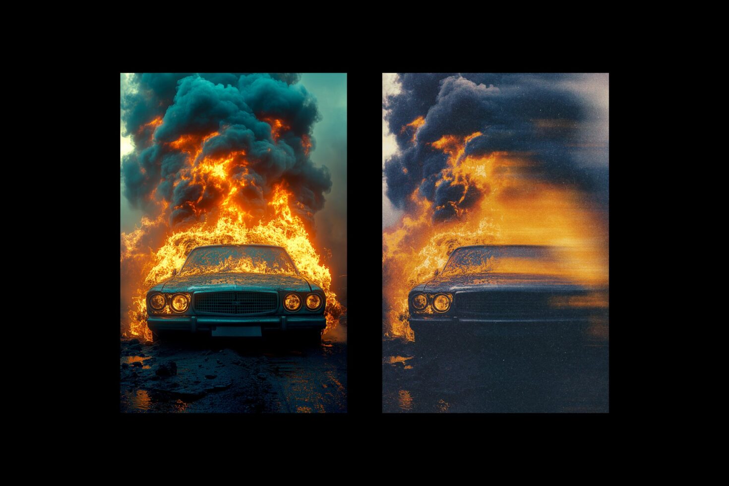 Vintage car engulfed in flames with dramatic smoke; digital graphic, vibrant colors, perfect for mockups, template design, or artistic graphics.