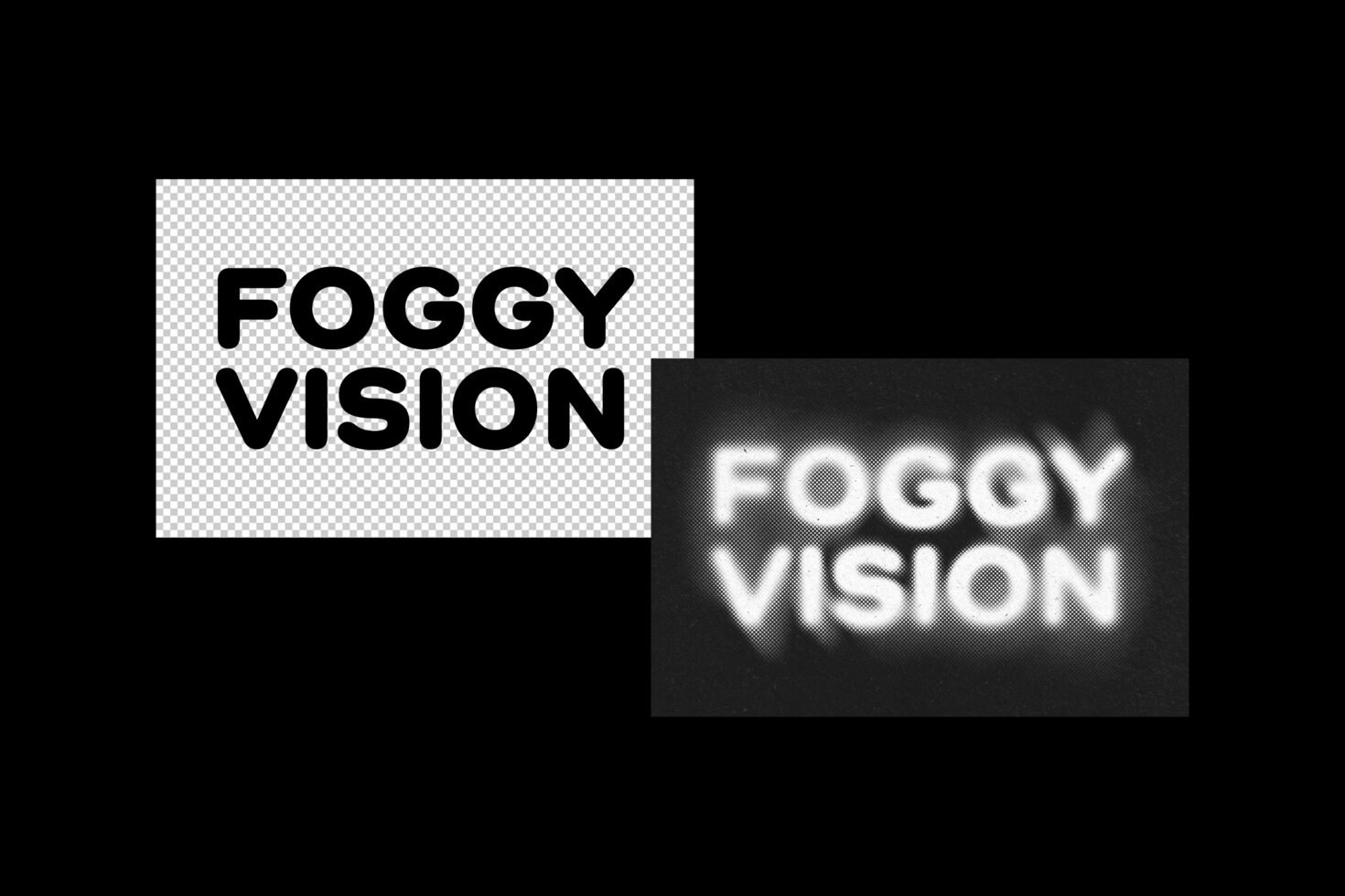 Bold sans-serif font Foggy Vision shown in clear and blurred styles, ideal for designers seeking unique text effects, typography assets, graphic design templates.