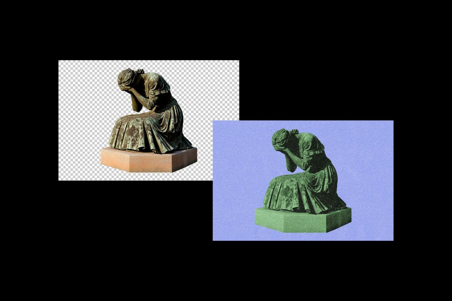 Statue mockup featuring a seated, distressed woman in various color schemes, ideal for designers in need of customizable graphic assets.