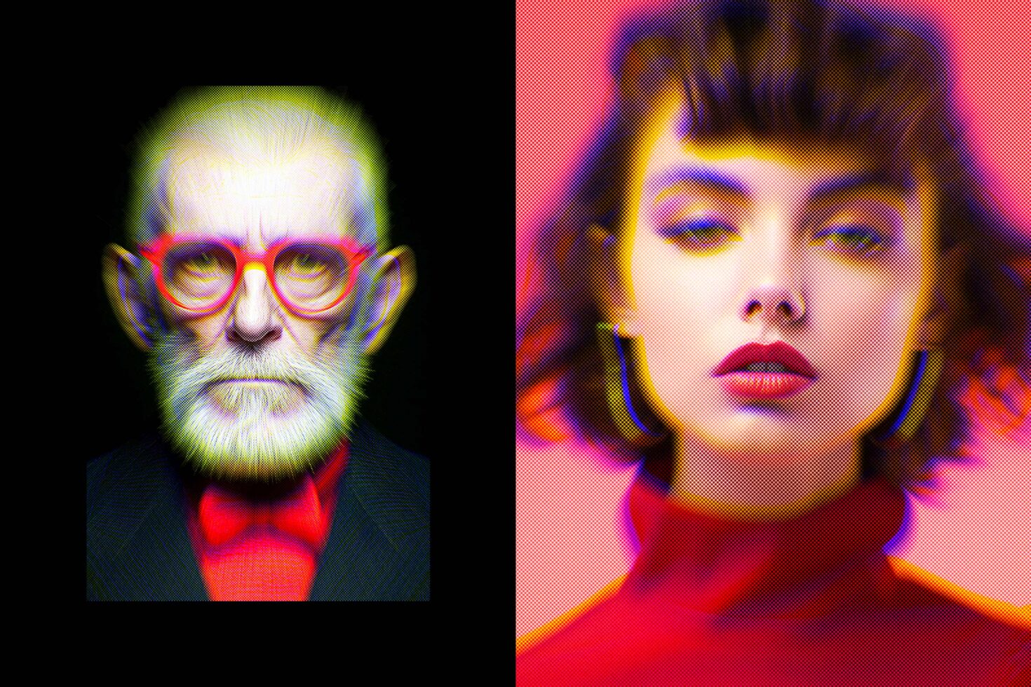 Digital art featuring a stylized portrait of an elderly man and a young woman in vibrant colors. Ideal for graphic design, pop art templates, creative projects.
