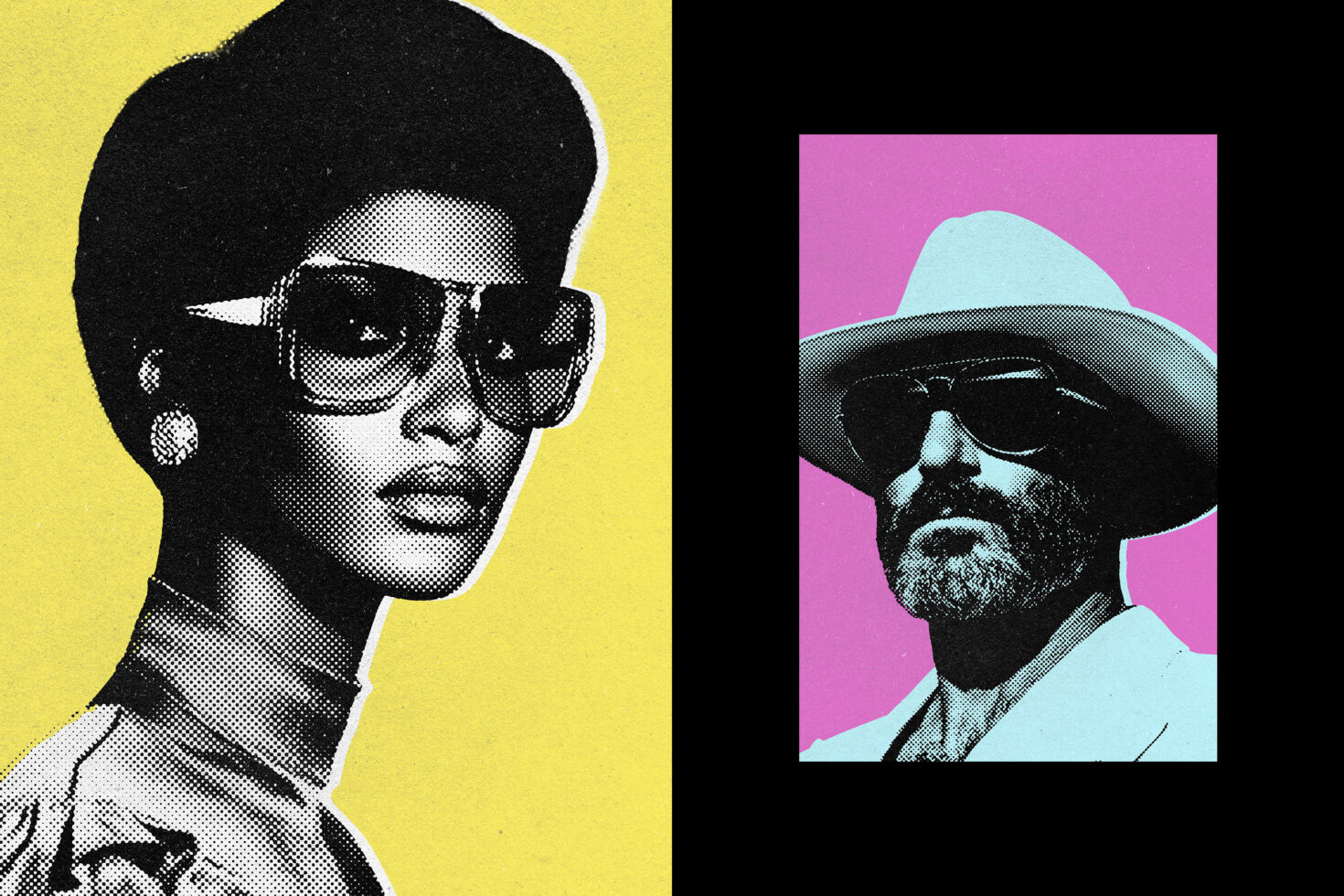 Pop art poster featuring a woman and man with sunglasses in retro style. Yellow and pink backgrounds highlight the graphic design for creative templates.