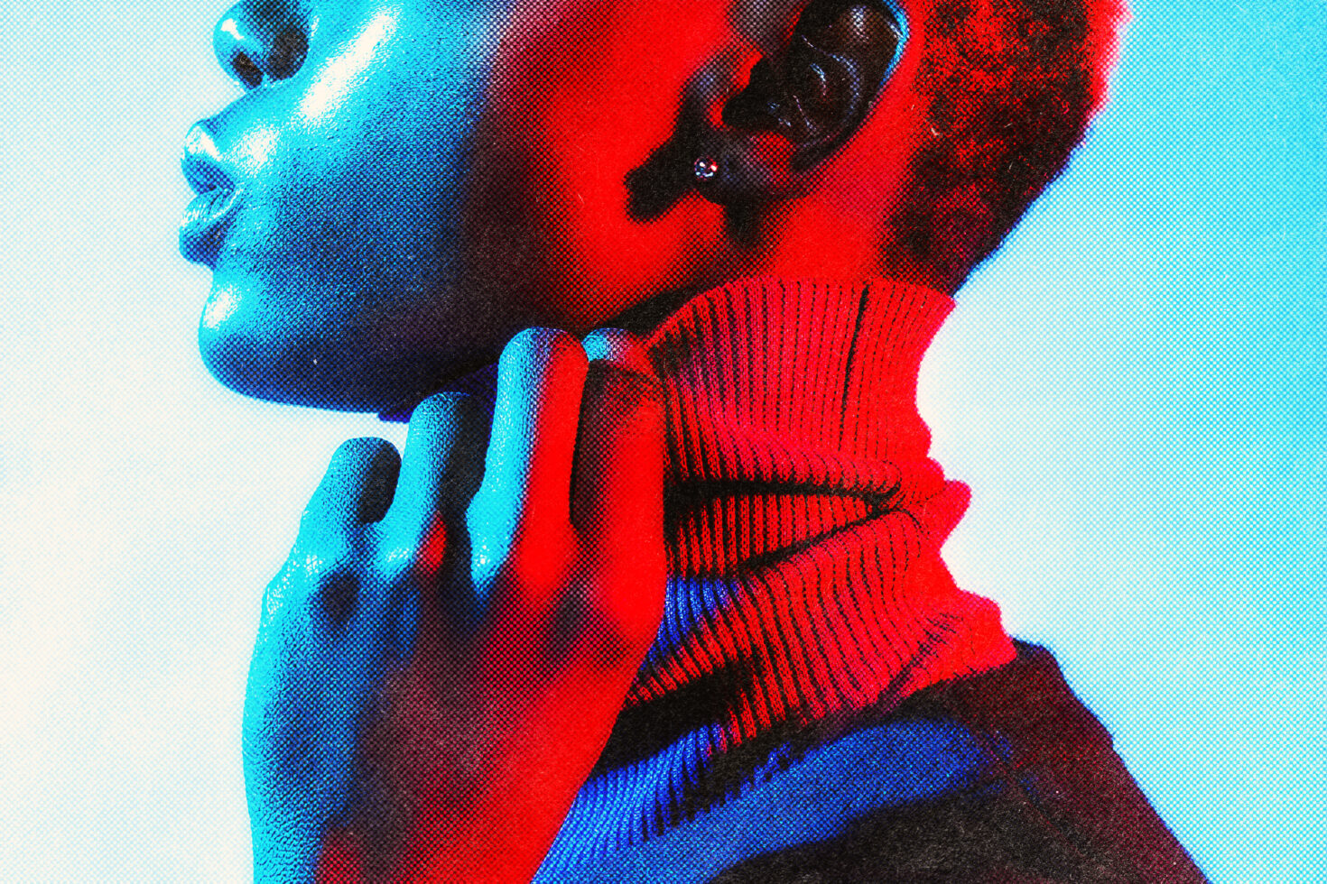 Vibrant halftone portrait of a person in red and blue lighting, close-up view. Ideal for graphic design, digital art, color theory, designer inspiration.