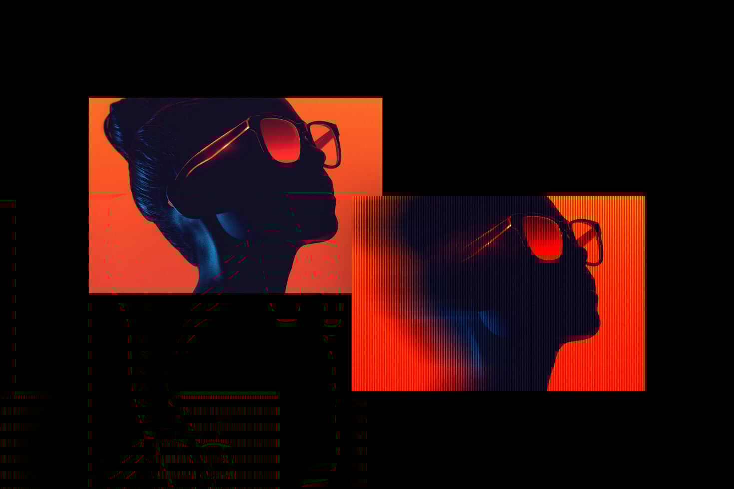 Silhouette of a person wearing stylish sunglasses with vibrant red and orange light effects ideal for graphic design use digital art assets fashion template.