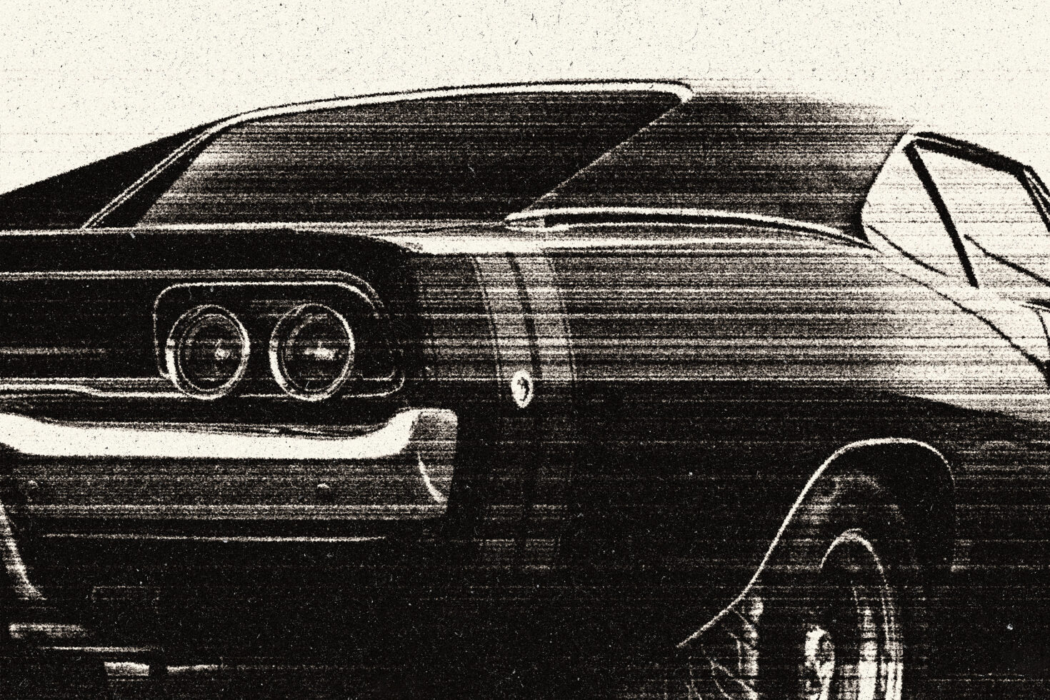 Grainy retro car graphic showing a vintage muscle car rear view. Ideal for automotive graphics, design elements, print materials, mockups.