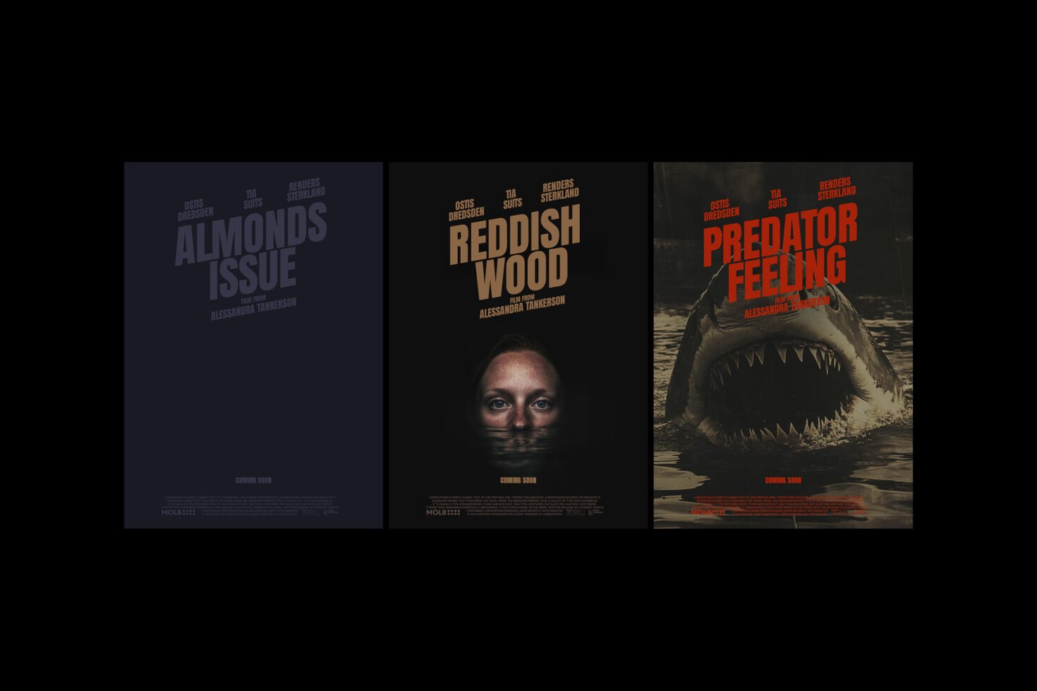 Three poster designs featuring bold text for film titles. Ideal for designers seeking creative mockups. Keywords: posters, film, design, mockups.