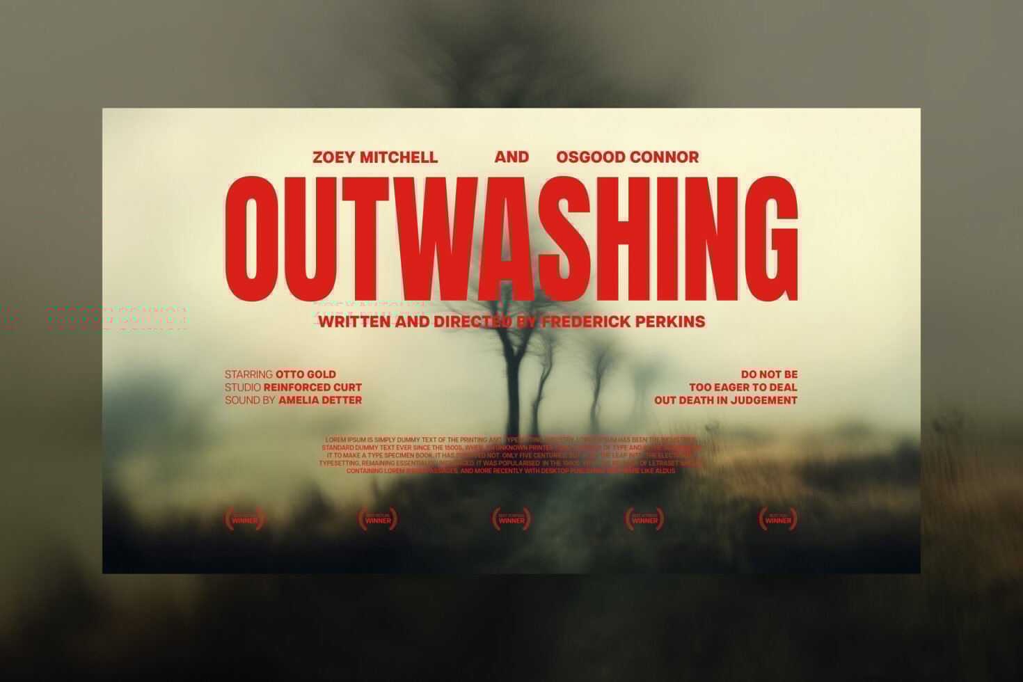 Movie poster template with bold red title Outwashing, blurred background, and text layout in cinematic style. Ideal for graphic designers seeking film poster mockup.
