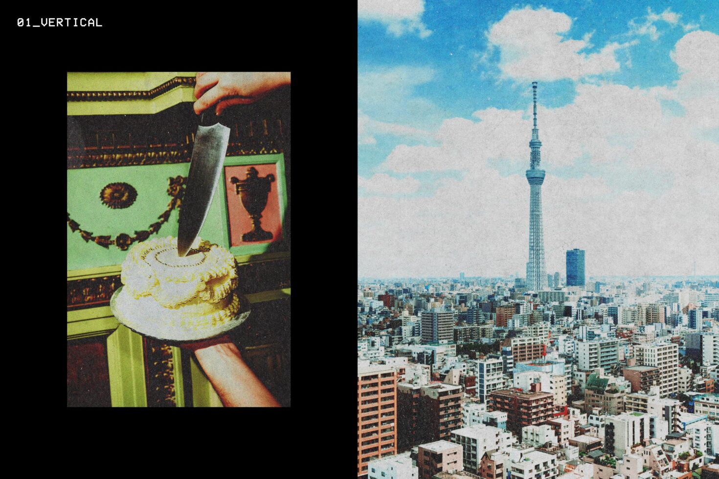 Vintage collage style image combining a cake being sliced and a skyline with a tall tower in the background. Perfect for graphic design projects.