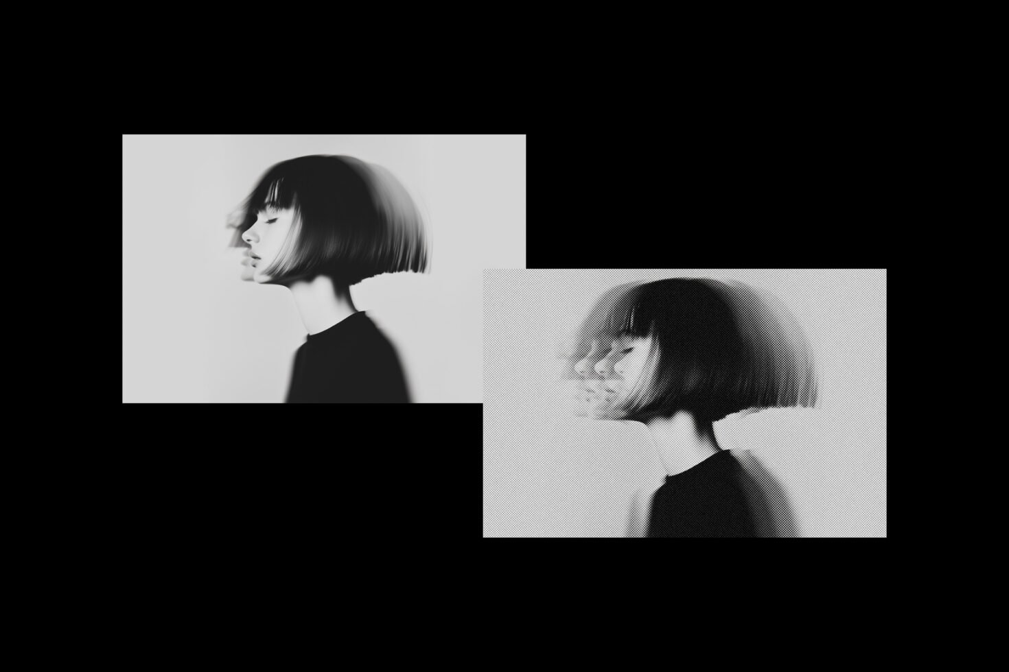 Abstract blurred black and white portrait of woman with short bob haircut showcasing motion effect. Use for graphics or creative design templates.