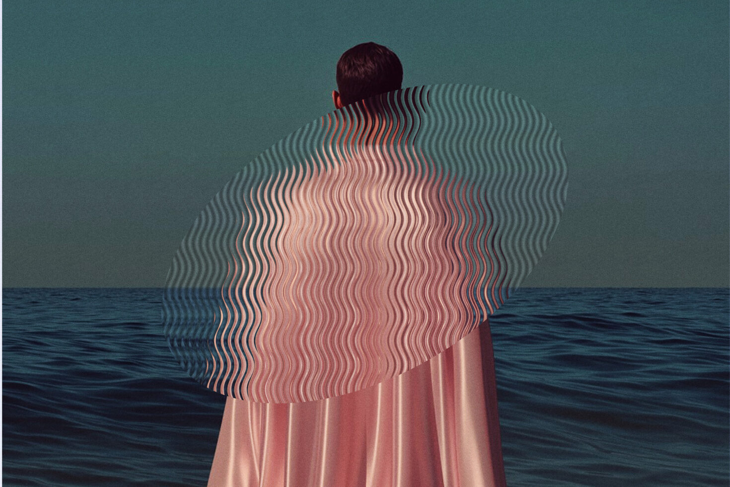 Surreal artwork of a person facing the sea with a wavy distortion effect on their back garment combining nature and design suitable for abstract templates