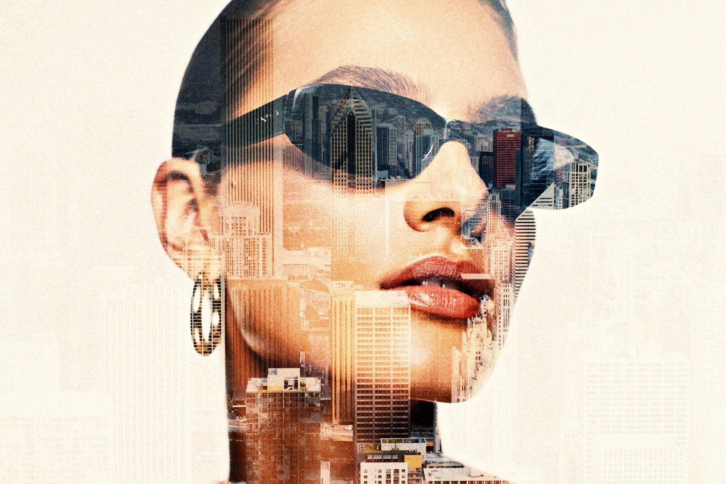 Woman wearing sunglasses with city skyline blended into lenses, vertical lines texture