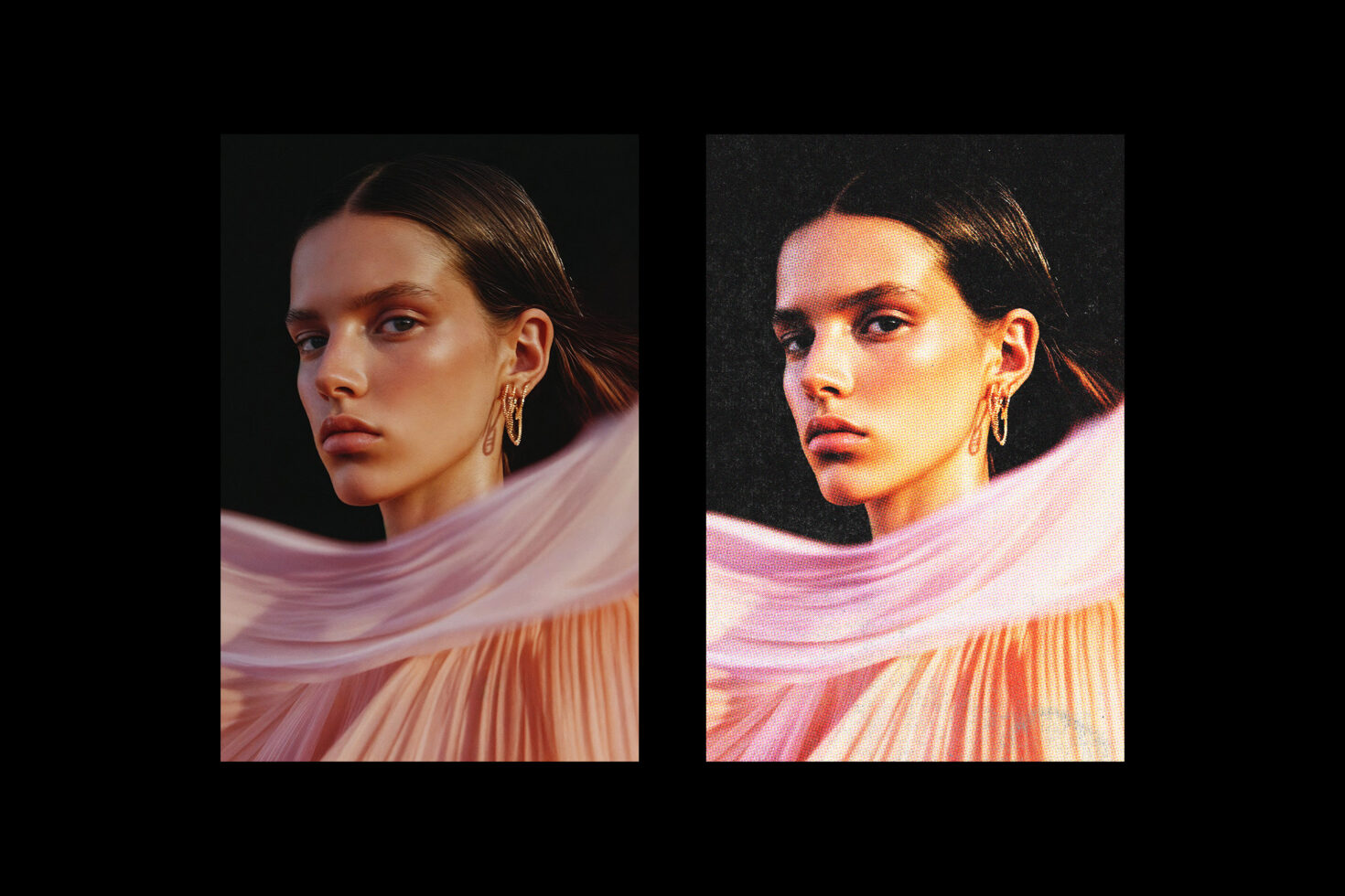 Fashion portrait of a woman in elegant pink fabric with gold earrings. Includes a digital painting effect. Perfect for design mockups and fashion templates.
