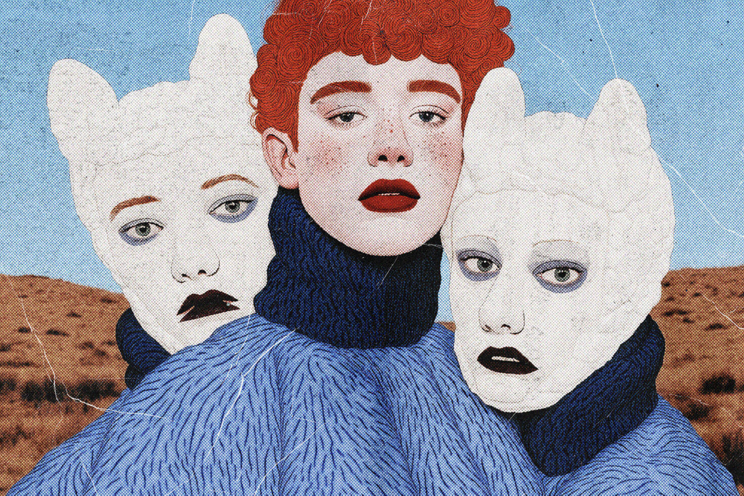 Surreal artwork depicting a redheaded figure with two mask-wearing characters in blue textured outfits. Ideal for graphic design and creative projects.