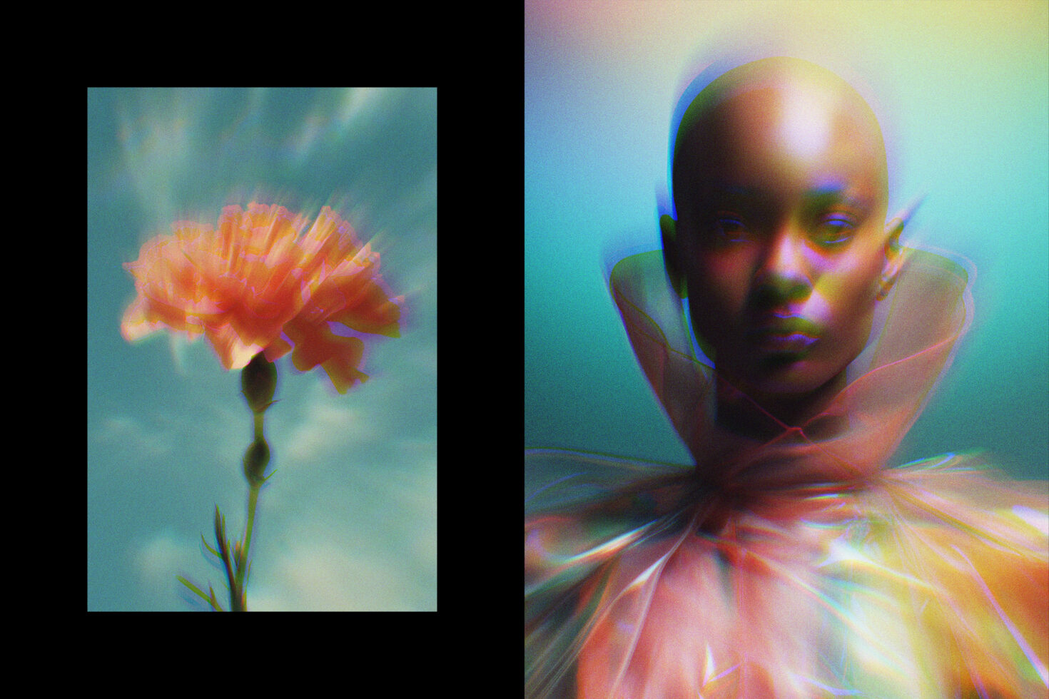 Digital art diptych featuring a colorful flower and a futuristic portrait with ethereal lighting. Ideal for graphics, mockups, or creative design projects.