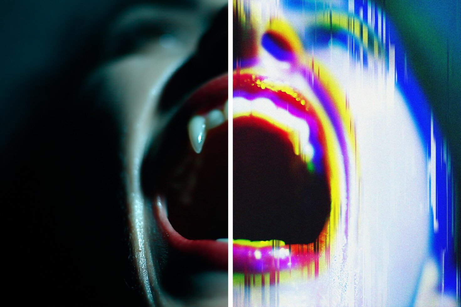 Abstract dual-tone image featuring a split of blurred teeth on one side and vivid glitch effect on the other ideal for graphic design projects.