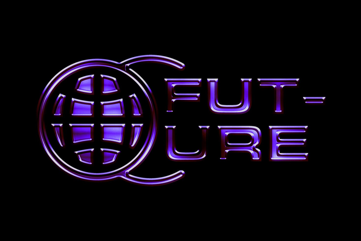 Futuristic purple text logo with globe icon on black background suitable for branding, templates, digital design, branding, SEO, graphics, mockups.