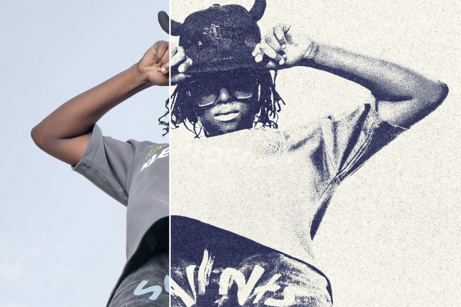 Contrast image of a person in a casual pose split into normal and halftone effect styles ideal for graphic designers seeking unique visual mockups.