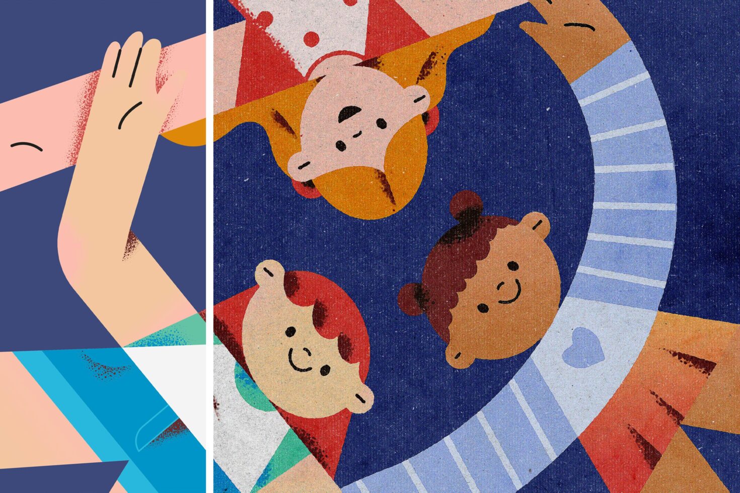 Illustration of playful children, featuring colorful flat design. Ideal for graphic templates or children's event flyers. Creative asset for designers.