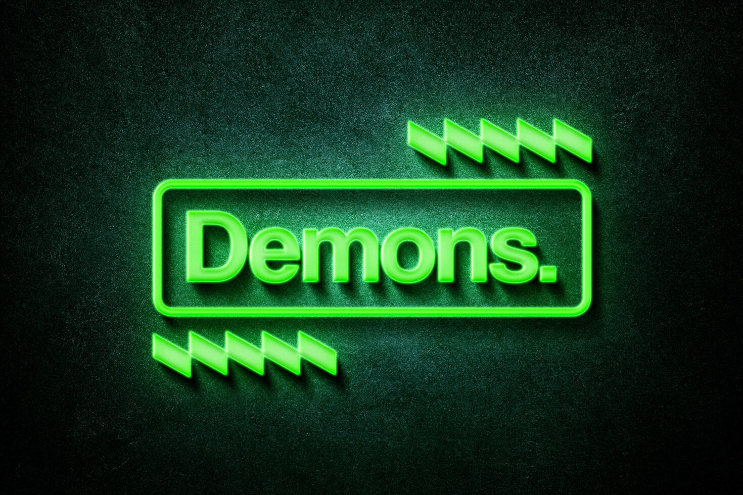 Green neon text spelling Demons on dark textured background with angular accents; perfect for template or graphic design projects seeking a vibrant look.