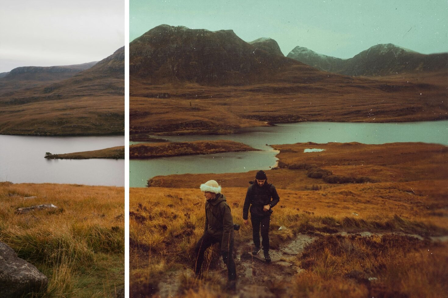 Two people hiking near a scenic lake surrounded by rugged mountains in a vintage style landscape perfect for digital design inspiration and nature graphics.