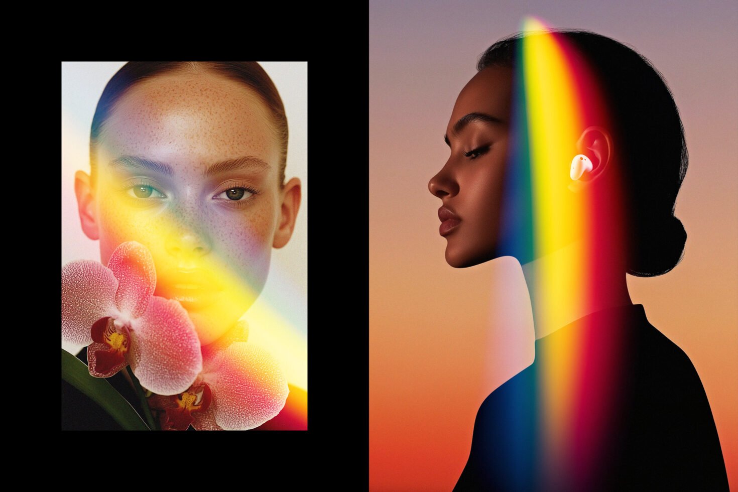 Digital artwork featuring vibrant rainbow light overlays on profile silhouettes and floral elements. Ideal for mockups and graphic design projects. Colorful.