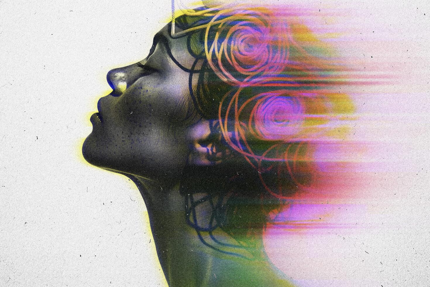 Abstract digital artwork of woman silhouette with vibrant glitch effects and floral patterns. Perfect for design templates and graphic projects.