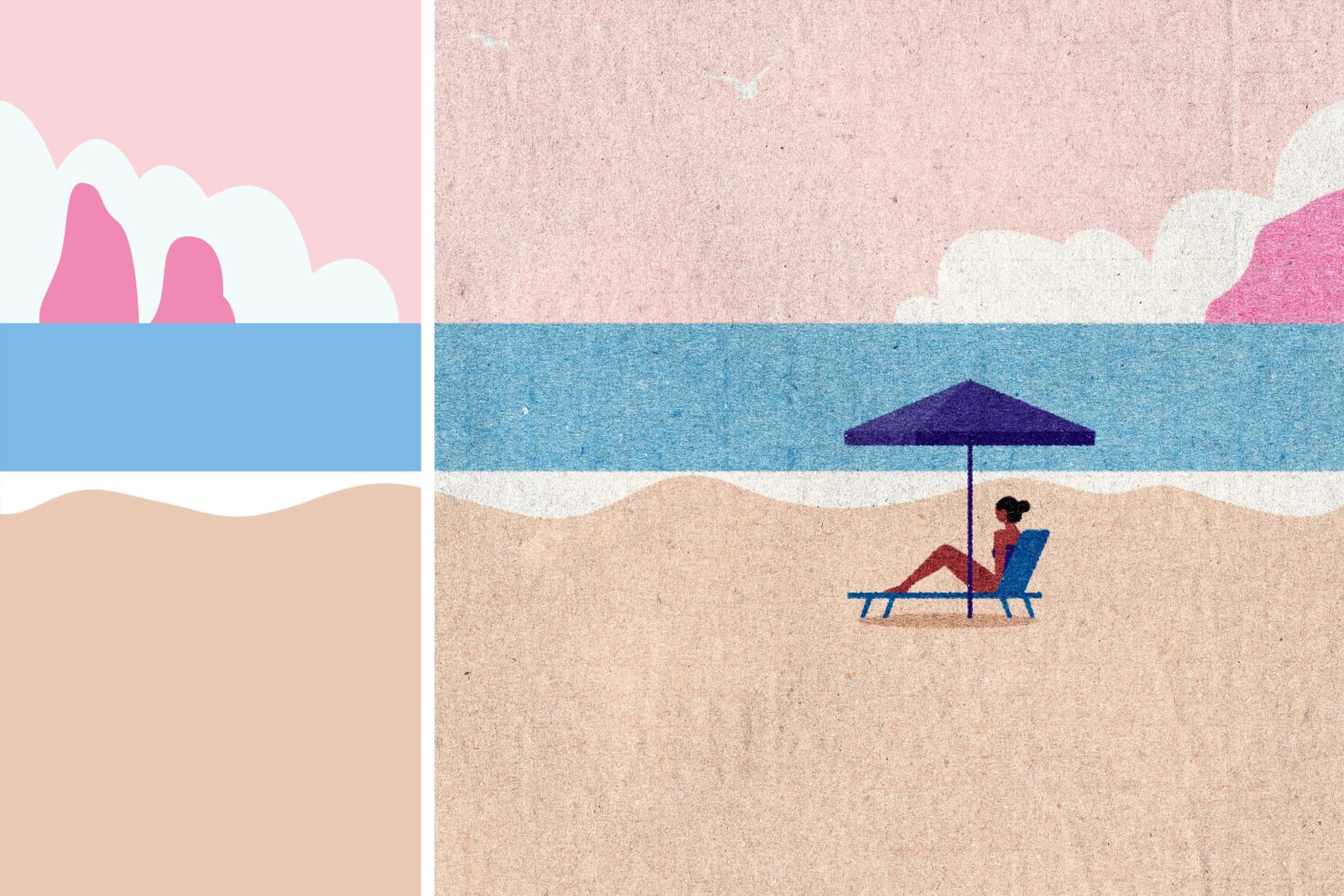 Minimalist beach scene illustration featuring a person lounging under an umbrella on sand with ocean waves and mountains; ideal for graphic design templates.