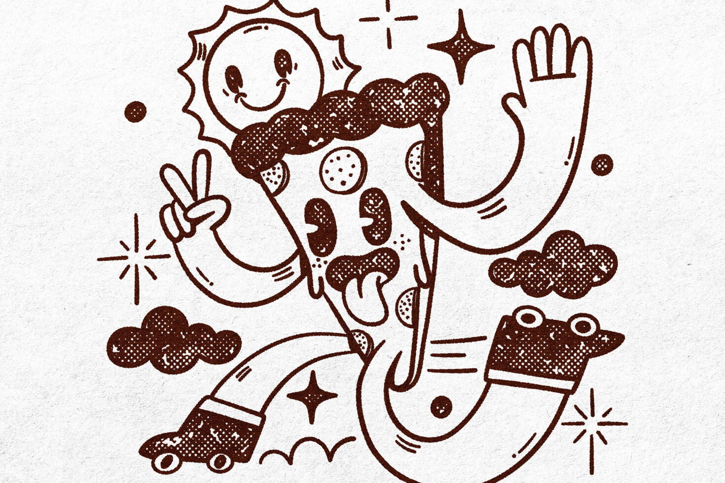 Whimsical graphic of a cheerful pizza slice character with roller skates and peace sign. Perfect for designer templates and illustrations. Quirky vector art.