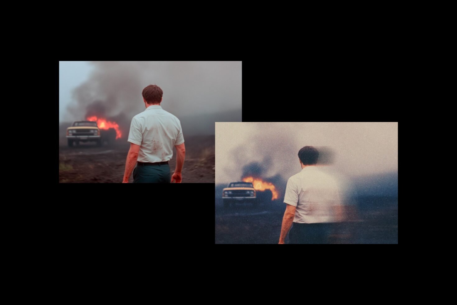 Two photos show a man in a white shirt walking toward a burning car, set in a smoky landscape. Perfect for dramatic graphic design templates and mockups.