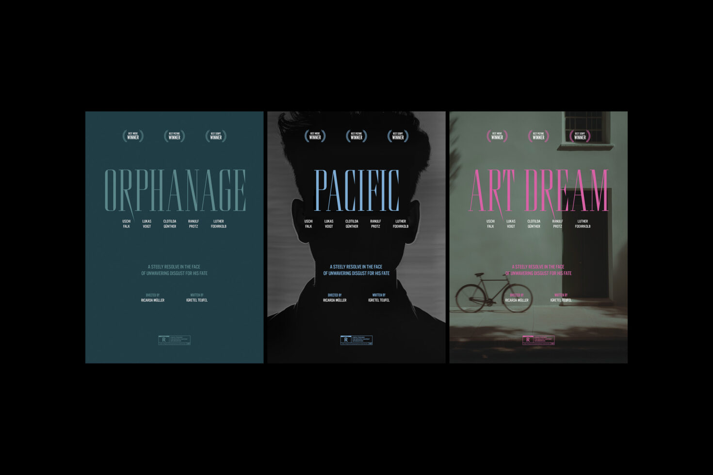 Three minimalist film poster mockups featuring typography in blue and pink on dark backgrounds suitable for designers. Keywords: Mockup, Typography, Design.