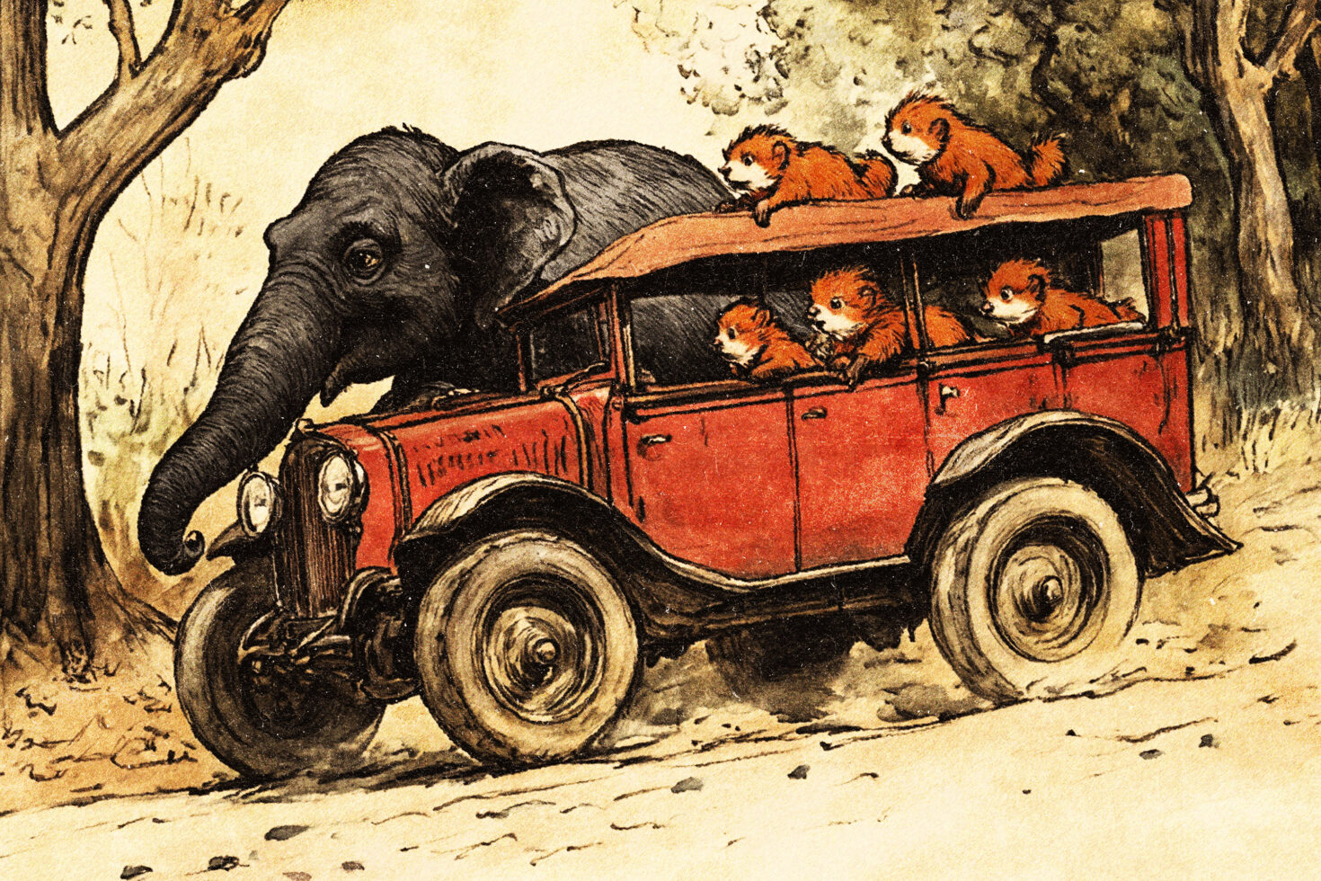 Vintage illustration featuring an elephant driving a classic red car loaded with cute animals; ideal for whimsical graphic designs or storybook art.